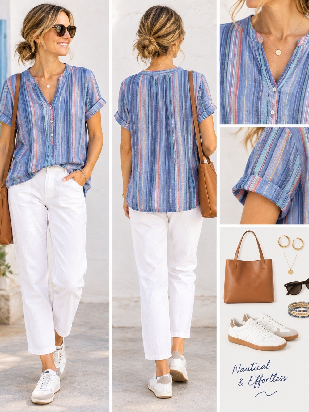 Nautica Blue Multi-Stripe Short-Sleeve V-Neck Top